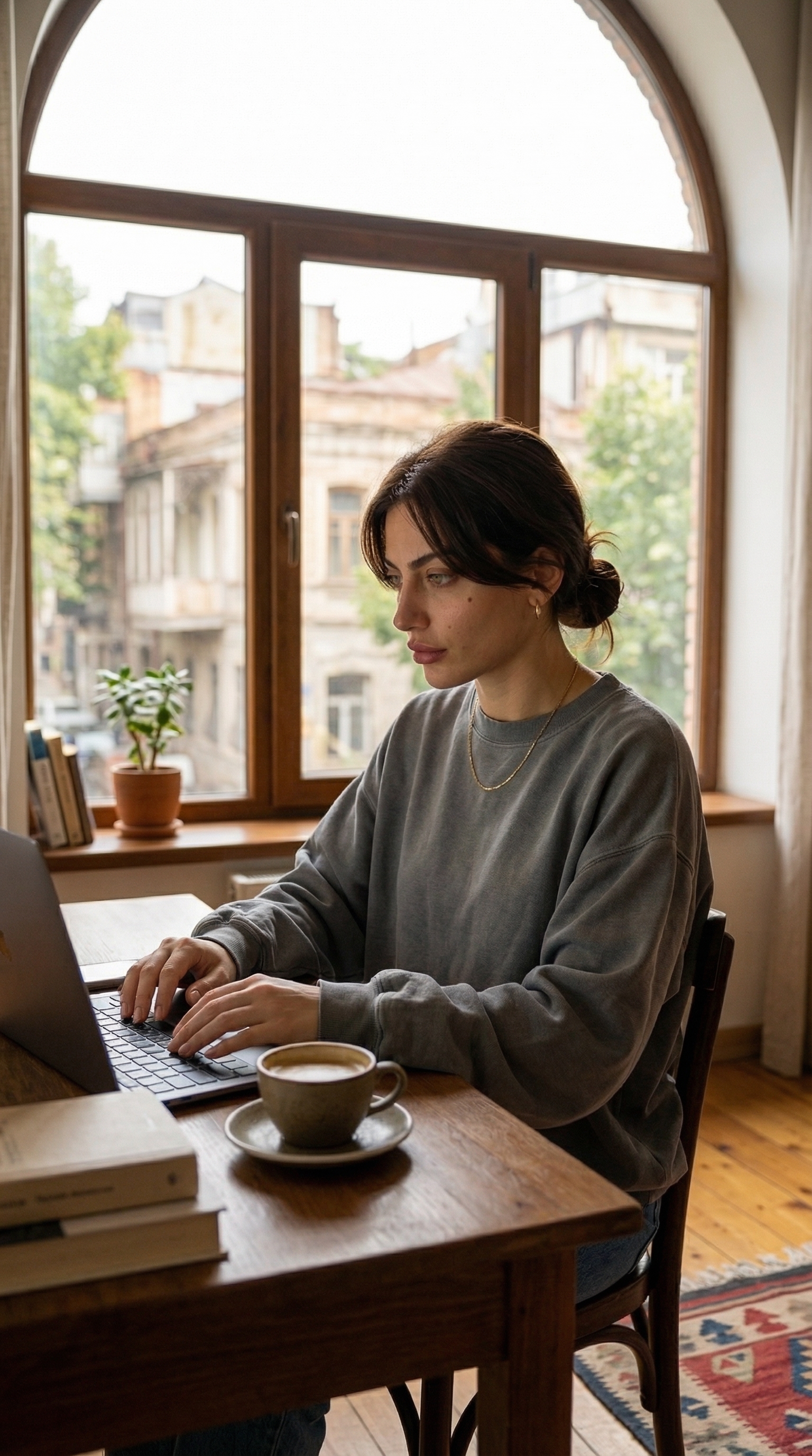 Nini working at window with laptop
